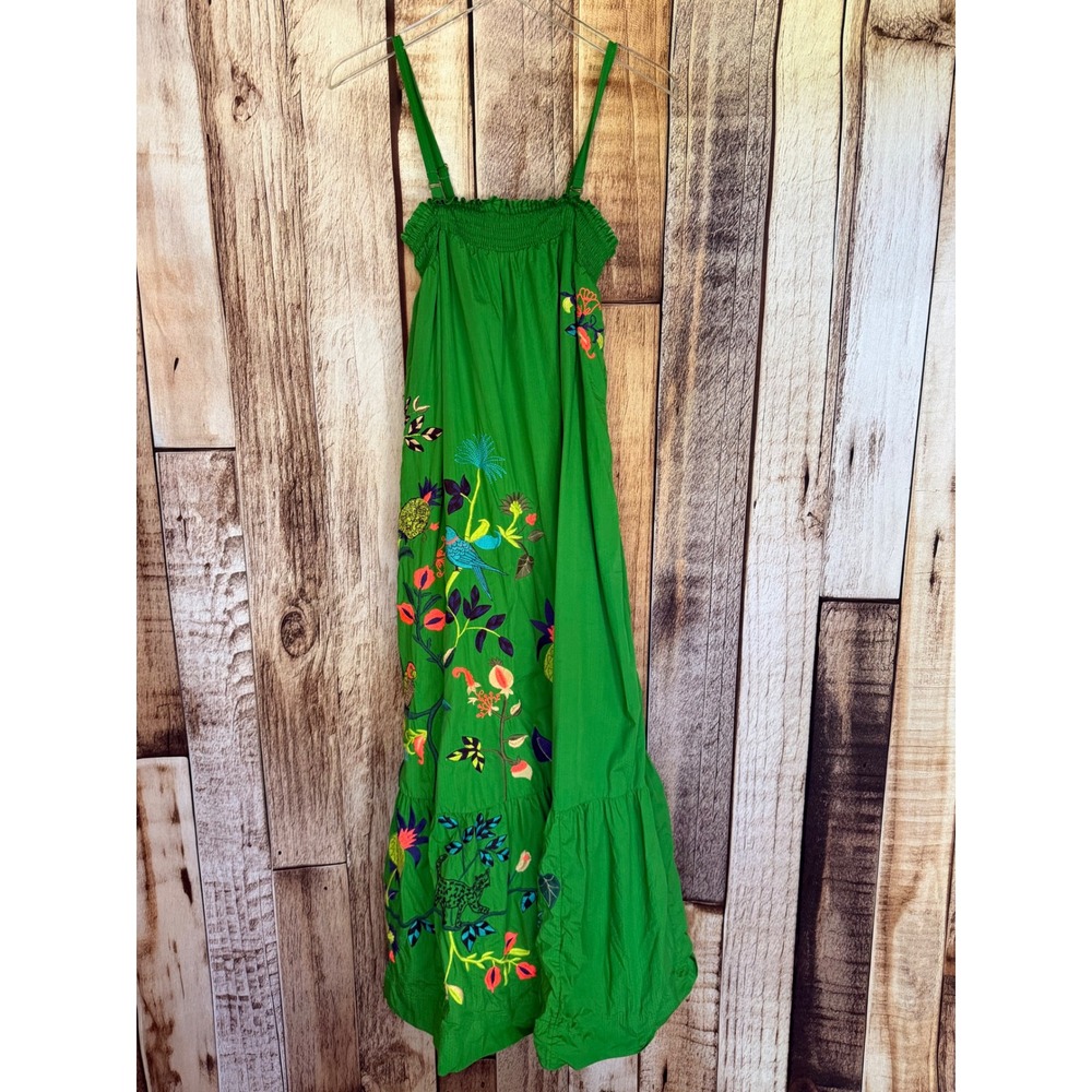 Anthropologie Ruffled Floral Embroidered Maxi Dress Green Tropical Birds  XS